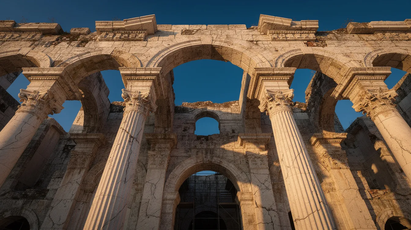 The image showcases ancient Roman architecture with grand columns and arches set against a vibrant blue sky, reflecting the grandeur of the Roman Empire. This architectural style symbolizes the power and influence of Roman society during its peak, highlighting the legacy of Roman rule and the cultural achievements that shaped the Mediterranean world.