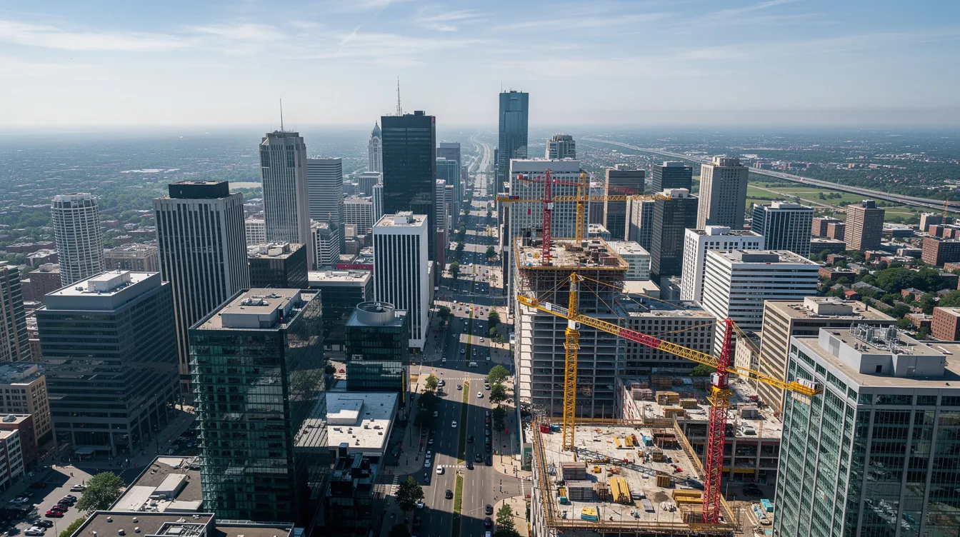 An aerial view captures a mid-sized city skyline dotted with multiple construction cranes, indicating numerous commercial construction projects underway. This bustling scene reflects the dynamic nature of the construction industry, where accurate cost estimation and careful planning are vital for project managers and construction professionals.