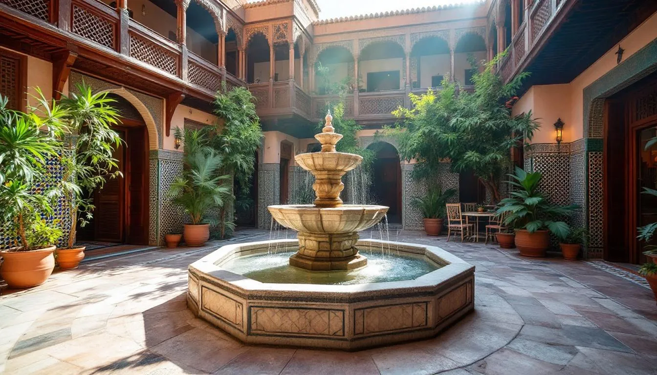The image depicts a traditional Marrakech riad courtyard adorned with intricate colorful tilework and a serene fountain, surrounded by lush greenery under a clear blue sky, capturing the essence of Moroccan culture. This tranquil setting invites visitors to relax and enjoy the vibrant atmosphere of Marrakech, a city rich in history and attractions.