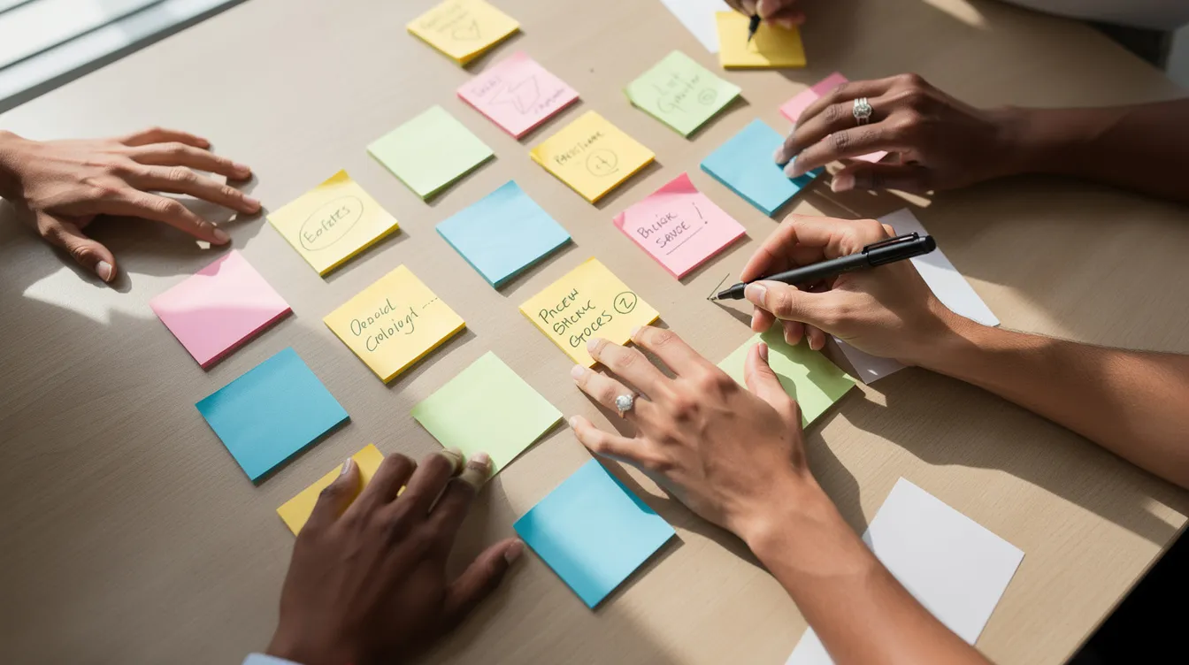 L'image montre des mains en train d'écrire des idées sur des post-its de différentes couleurs, disposés sur une grande table de travail. Cette scène illustre la créativité au sein d'une équipe, où les membres collaborent pour stimuler l'innovation et trouver des solutions dans un environnement de gestion de projet.