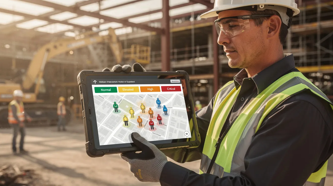 A construction superintendent is reviewing a tablet displaying color-coded indicators that show workers' heat status, helping to monitor heat stress and prevent heat-related illnesses on the job site. This use of wearable technology provides real-time data on core body temperature and environmental conditions, enhancing worker safety and enabling timely interventions.
