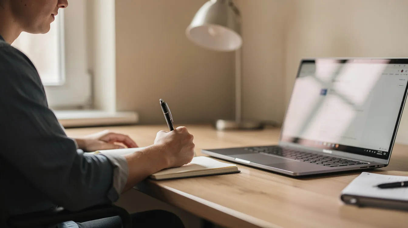Une personne est assise à un bureau, écrivant dans un carnet, tandis qu'un ordinateur portable est ouvert à côté d'elle. Cette scène évoque l'importance de l'estime de soi au travail et du développement personnel dans un environnement propice à la réflexion et à la productivité.