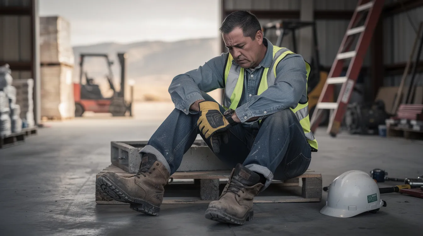 A blue-collar worker in Southern Colorado sits on a construction site, visibly frustrated as they examine their work boot while holding their injured ankle. The blurred background features workplace elements like pallets and forklifts, conveying the seriousness of work-related foot injuries and the challenges injured workers face when navigating workers' compensation claims.