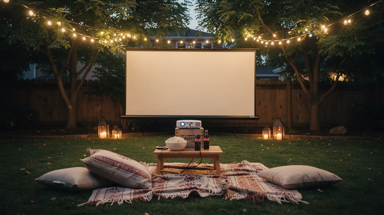 The image shows a cozy outdoor backyard movie night setup featuring a large projector screen illuminated by string lights, with soft blankets spread out on the grass. This inviting space is perfect for watching videos from multiple devices, enhancing the movie experience with a convenient movie projector setup.