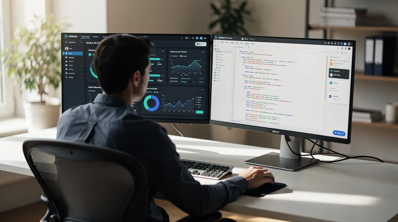 A person is seated at a modern desk, focused on dual monitors displaying various software applications, likely utilizing AI tools for tasks such as technical writing or content creation. The setup suggests an environment conducive to deep research and efficient document analysis, highlighting the advanced features of AI models like Claude and ChatGPT.
