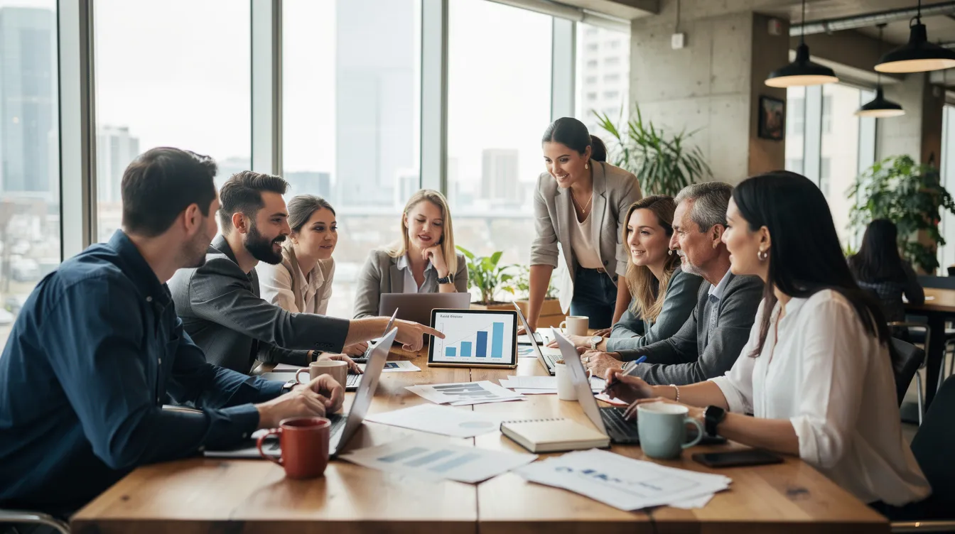 A diverse group of small business owners is collaborating around a table in a modern coworking space, discussing various aspects of their business structures, including limited liability companies (LLCs) and their operating agreements. The atmosphere is vibrant and focused, reflecting their commitment to navigating the complexities of business filings and personal liability protection.