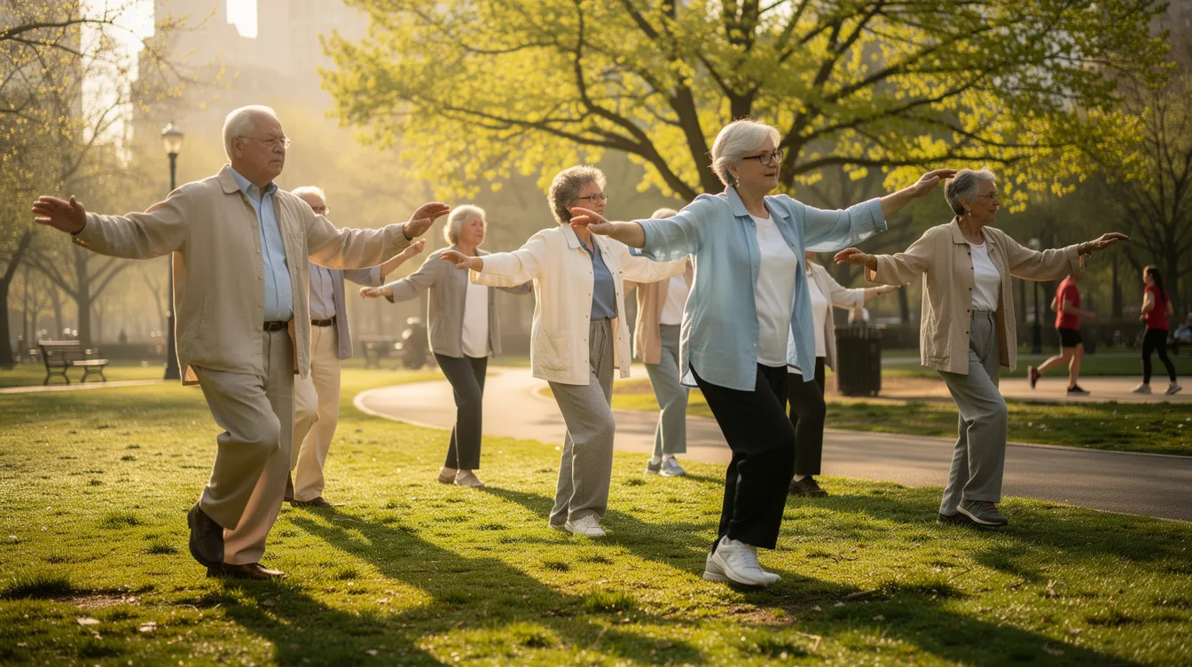 A group of older adults is practicing tai chi movements together in a sunny park, promoting physical health and social interaction among friends. This enjoyable activity fosters well-being and relaxation, highlighting the benefits of staying active in the community.