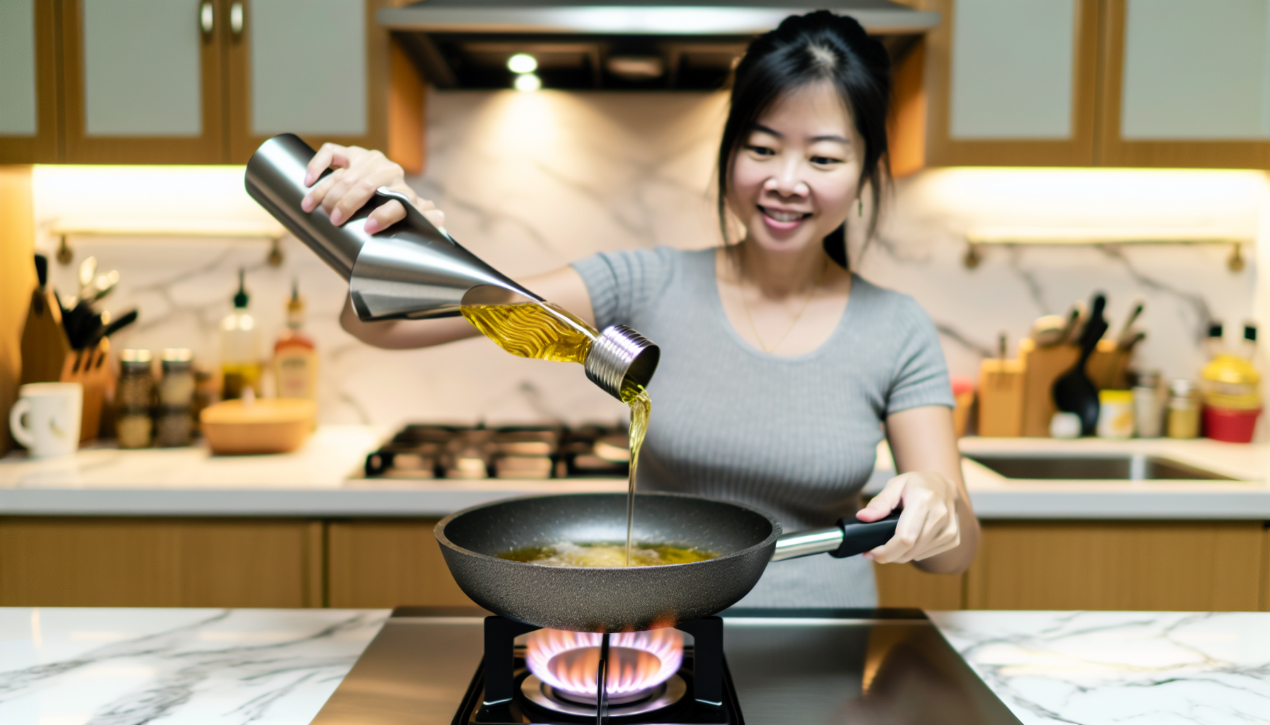 A person pouring oil from a stylish dispenser into a frying pan