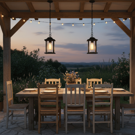 Cottage outdoor lighting ideas with hanging lantern pendants and string lights over a covered outdoor dining table.