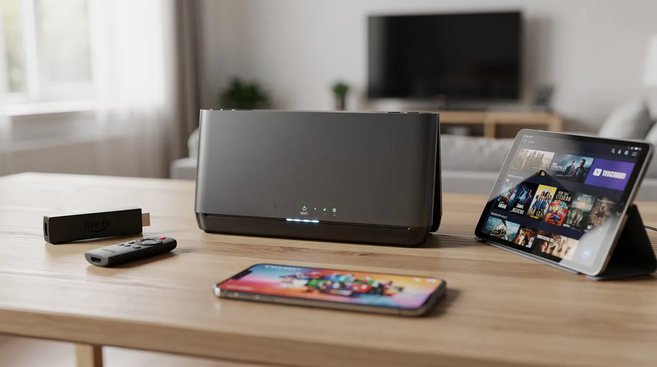 A modern Wi-Fi router is prominently displayed on a desk, surrounded by popular streaming devices such as a Fire TV stick, smartphone, and tablet, showcasing a setup ideal for accessing live TV channels and IPTV services with superior streaming quality. This arrangement highlights the seamless streaming experience provided by various IPTV service providers, perfect for enjoying live sports and on-demand content.