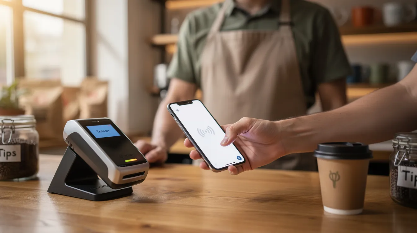 A person is holding a smartphone near a contactless payment terminal at a coffee shop counter, using a digital wallet app like Apple Pay or Google Pay for a seamless mobile payment experience. The image illustrates the convenience of contactless payments in everyday transactions.
