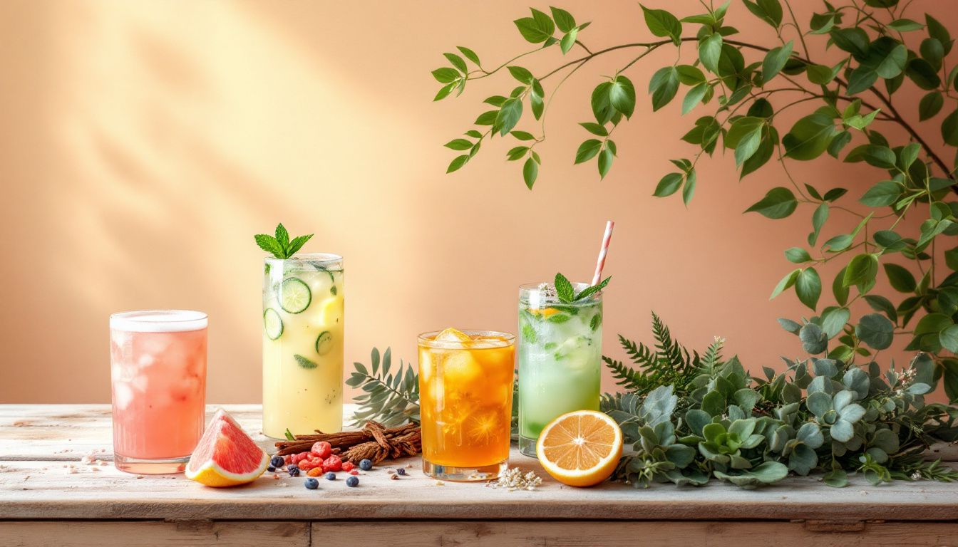 A selection of botanical and plant-based drinks served in elegant glasses.