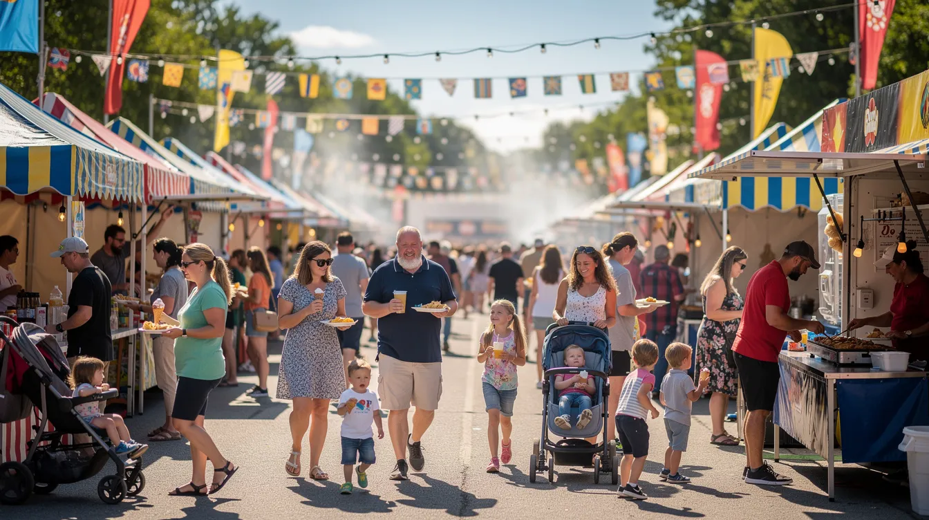 The image depicts a bustling outdoor festival filled with families enjoying various food vendors, showcasing a vibrant community atmosphere. Many small businesses are represented, attracting loyal customers and new clients alike as they navigate between colorful booths and savor delicious offerings.