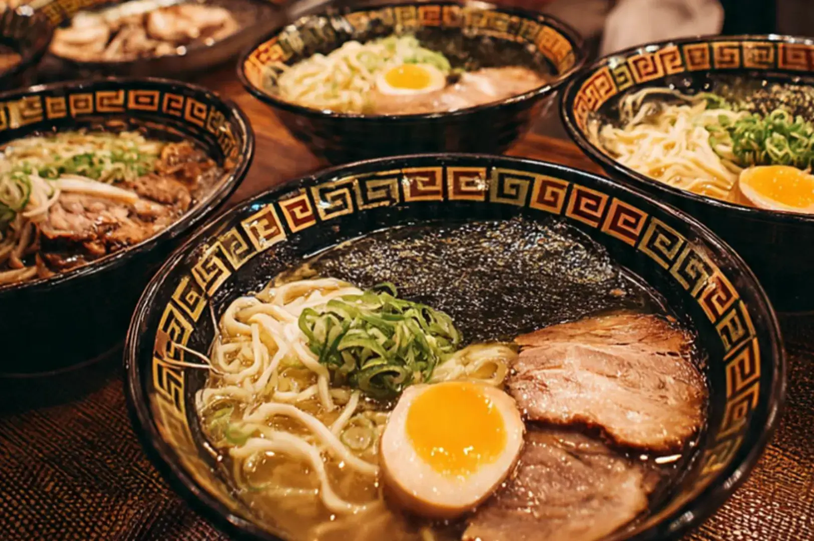 Four bowls of ramen noodles with pork slices, boiled eggs, seaweed, and green onions.