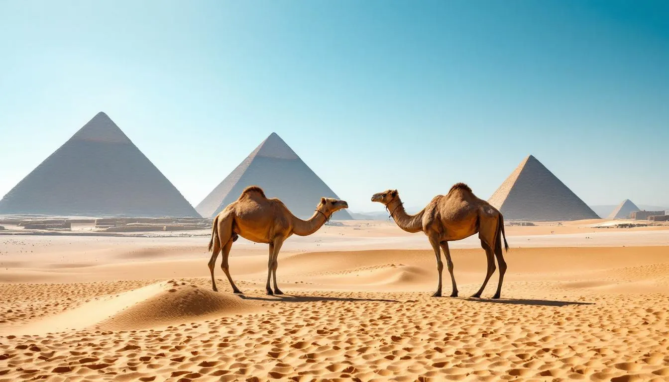 Vista panorâmica das Pirâmides de Gizé, com camelos em primeiro plano, destacando a grandiosidade do Egito antigo. Essa imagem evoca a rica história e cultura do país, sendo um dos principais pontos turísticos para quem viaja pelo Egito, incluindo roteiros como Cairo, Luxor e Aswan.