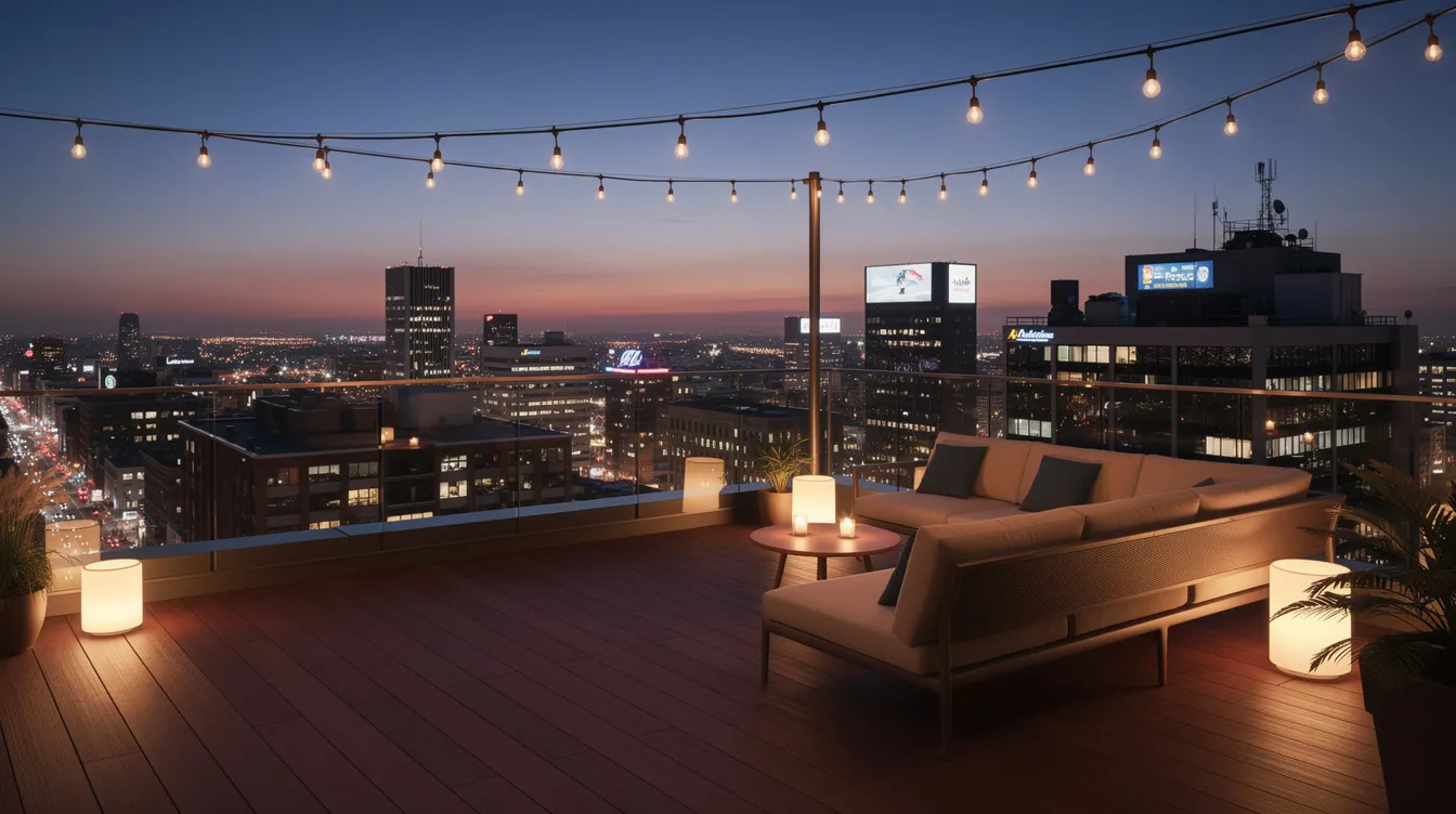 The image depicts a rooftop terrace in downtown Denver, adorned with twinkling city lights against a vibrant evening sky. This outdoor event space offers a perfect backdrop for intimate gatherings, corporate events, or wedding receptions, showcasing panoramic views of the Mile High City.