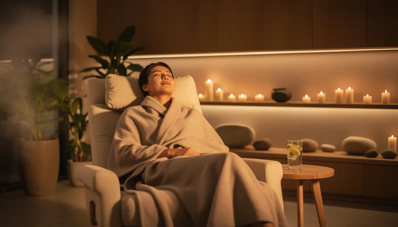 A person is relaxing in a softly lit wellness space, surrounded by an ambient glow that enhances the tranquil atmosphere. This setting is ideal for red light therapy or an infrared sauna session, promoting skin health and overall well-being.