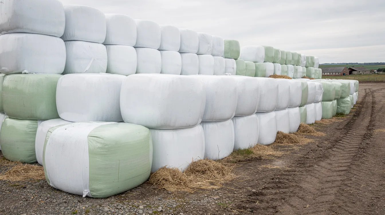 The image depicts white and green wrapped forage bales, showcasing both round and square bales stored in an open area. These silage bales are tightly sealed with high-quality bale wrap film, designed to preserve forage quality and maintain optimal fermentation while protecting against UV exposure and preventing spoilage.