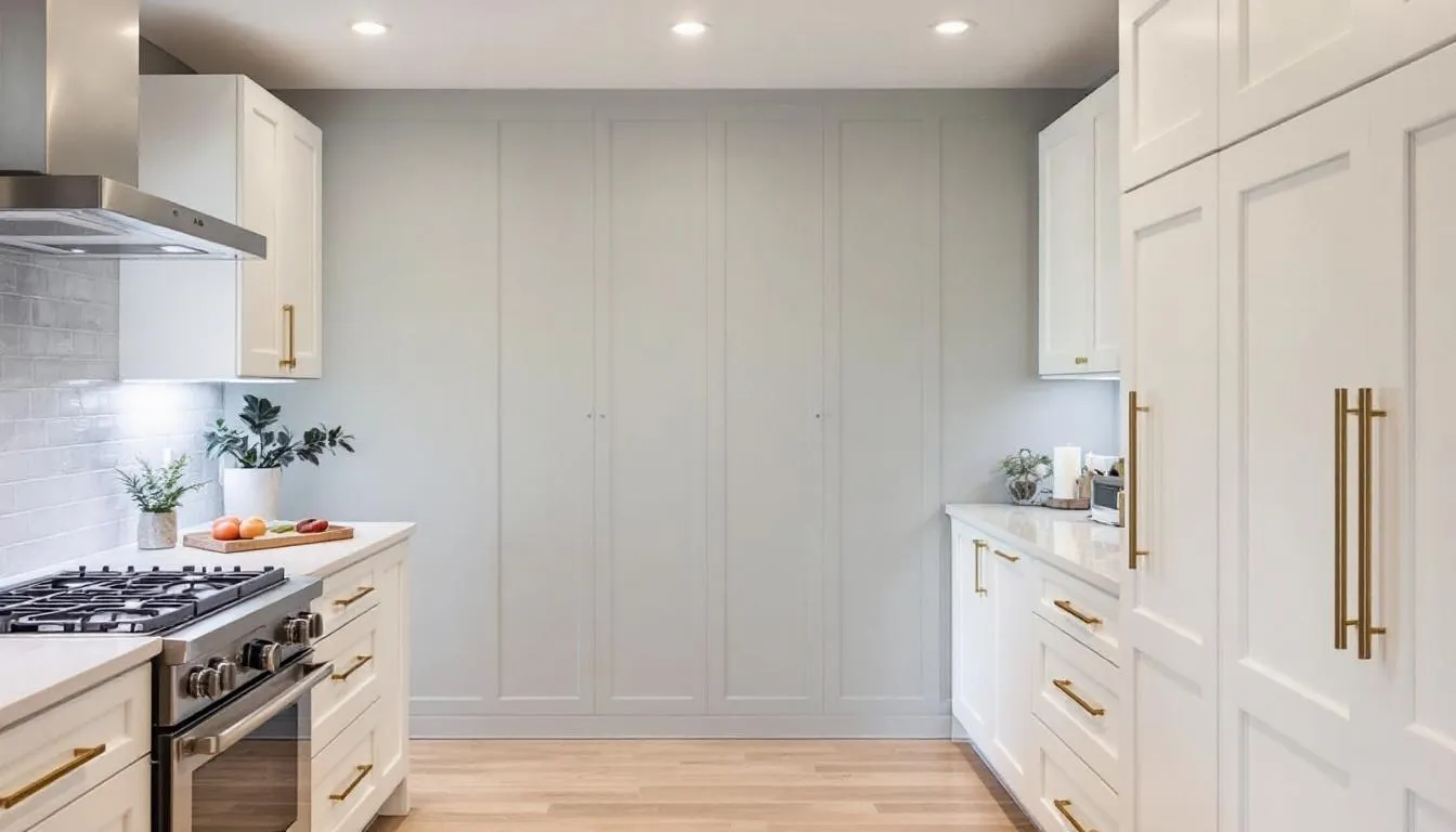 In this modern kitchen, alabaster cabinets with a soft sheen complement the agreeable gray walls, while brass hardware adds a touch of elegance. The space features granite countertops and a bright, airy feel, creating a warm and inviting atmosphere perfect for cooking and dining.