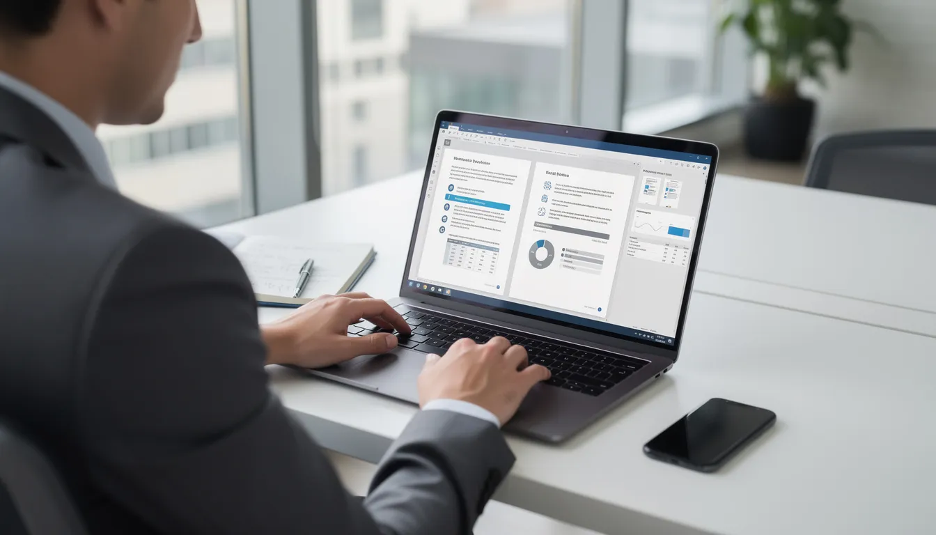 A person is intently viewing professional documents on a laptop computer, possibly exploring free graduation certificate templates or other professional layouts related to their academic achievements. The scene suggests a focus on the importance of customization and completion in their educational journey.