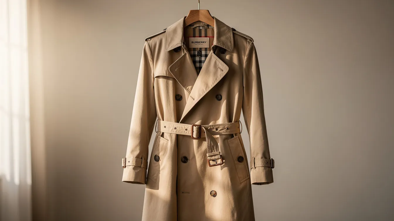 A classic Burberry trench coat is elegantly draped over a wooden hanger, illuminated by soft natural light, showcasing its timeless style and craftsmanship. This preloved luxury item exemplifies the investment potential of second-hand fashion, perfect for enhancing any wardrobe.