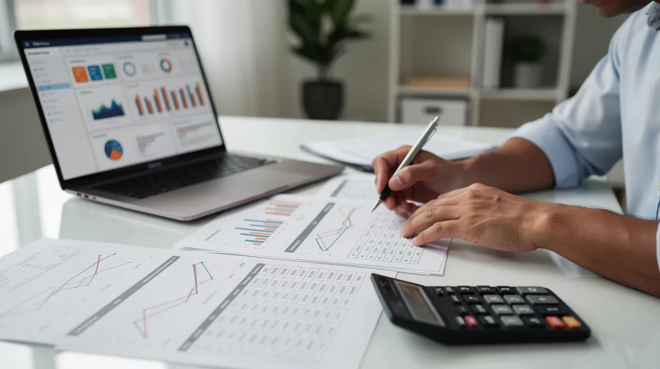 A person is sitting at a desk, intently reviewing financial documents while using a laptop and a calculator, suggesting a focus on managing finances for a 中小企業. The workspace is organized, reflecting a professional atmosphere.