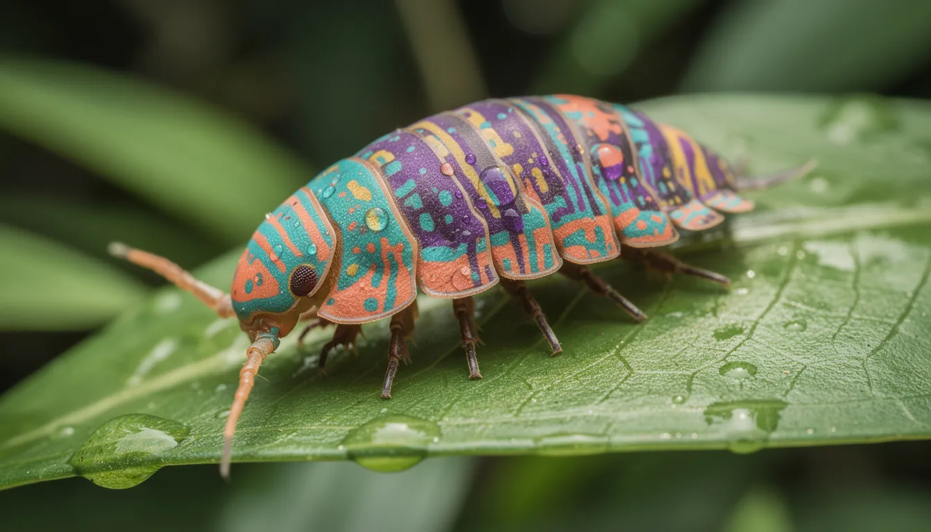A colorful tropical isopod species with distinctive patterning is resting on a vibrant green leaf, showcasing its unique traits and textures. This terrestrial isopod, part of the diverse isopod groups, reflects the beauty of many species found in moist habitats.