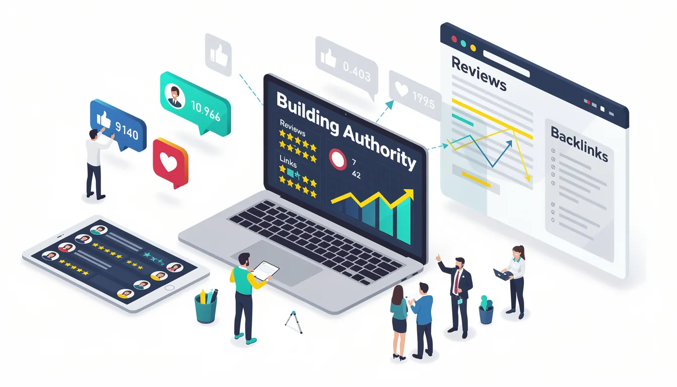 The image illustrates the concept of building authority for an ecommerce site through various strategies such as reviews, links, and social proof. It highlights the importance of search engine optimization (SEO) techniques, including keyword research and link building, to enhance organic traffic and improve search engine rankings on platforms like Google.