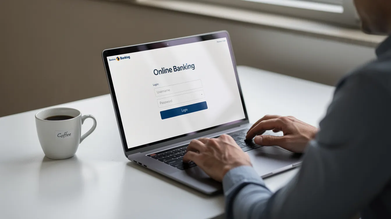 Eine Person sitzt an einem Schreibtisch und arbeitet an einem Laptop, auf dem eine Banking-Login-Seite angezeigt wird. Neben dem Computer steht eine Kaffeetasse, während die Person Informationen zu ihrem Onlinekonto und den Vorteilen des Onlinebankings prüft.