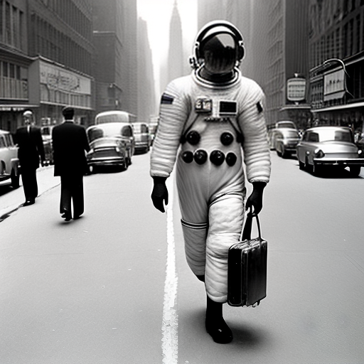 Astronaut walking through New York with a briefcase