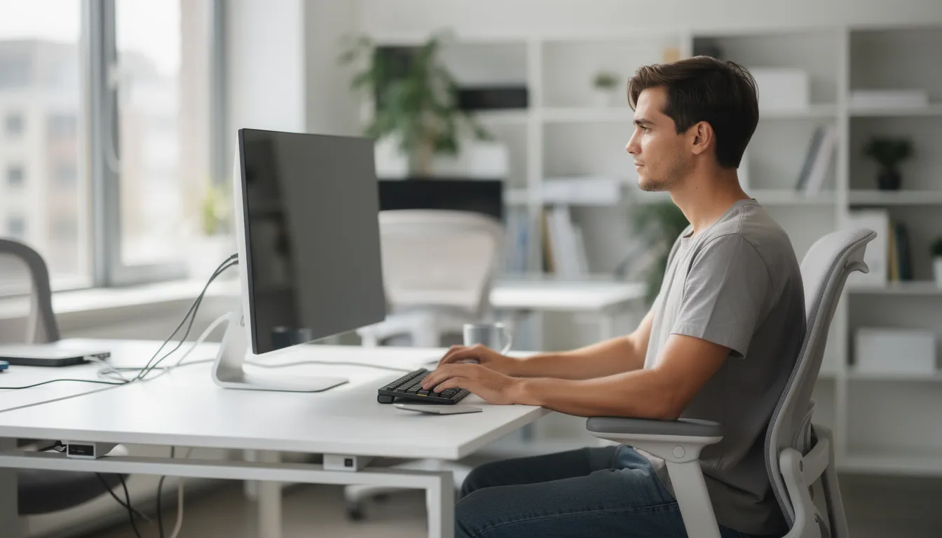 A focused individual is seated at a computer terminal in a modern office, demonstrating calmness as they prepare for the Australian citizenship test. This image reflects the commitment to understanding Australian values and the responsibilities that come with becoming an Australian citizen.