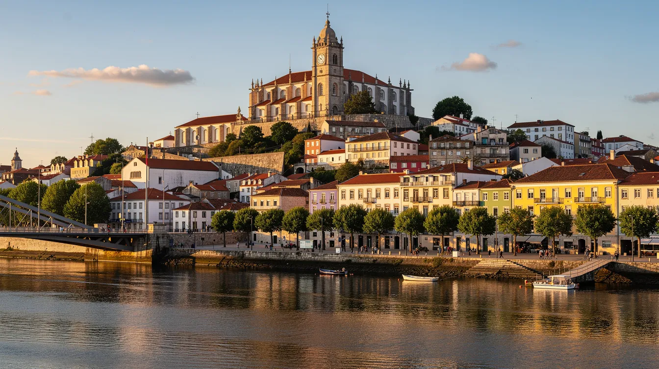 A imagem retrata uma vista panorâmica da cidade de Coimbra, Portugal, com suas construções históricas e a famosa Universidade ao fundo, destacando a rica herança cultural da região. A cidade, situada entre montanhas e o rio Mondego, é um destino popular para viajantes em busca de história e atividades culturais.