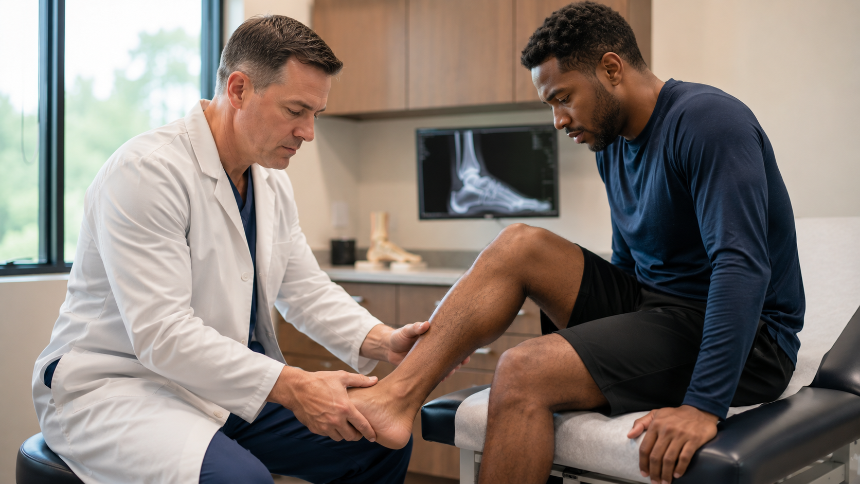 Foot and ankle doctor examining a patient’s sprained ankle during a consultation in a modern medical clinic for nighttime ankle pain evaluation