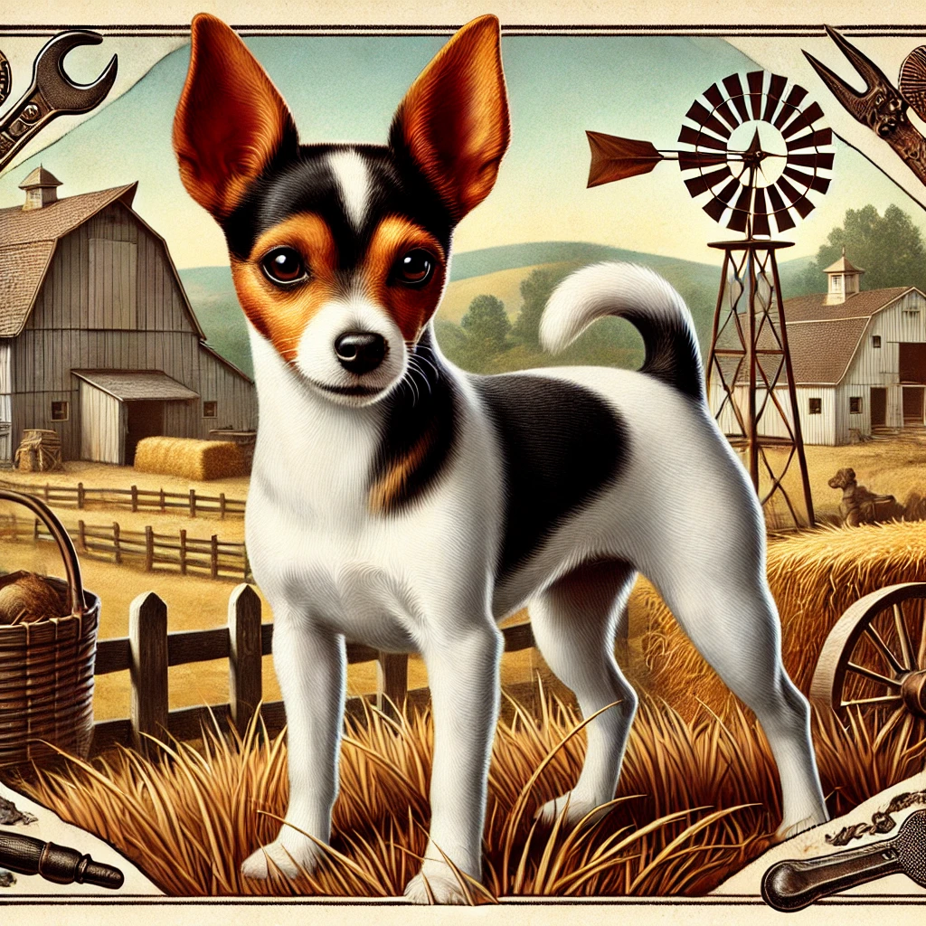 Here is the historical illustration of a Toy Fox Terrier in the early 20th century American farm setting. The scene captures the breed's distinctive features and its nostalgic roots in American farm life.