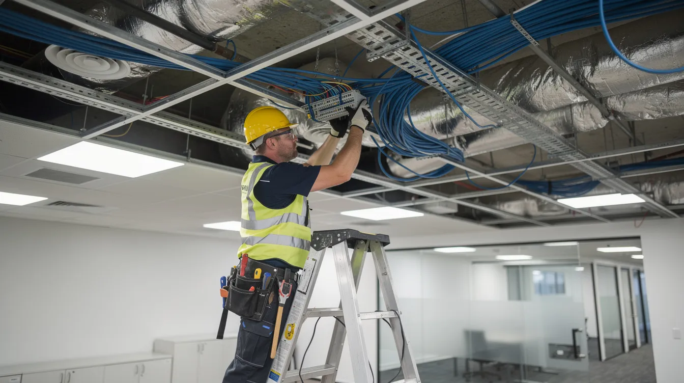 A low voltage technician in safety gear is pulling blue network cables through the ceiling of a commercial building, showcasing the hands-on training essential for skilled technicians in low voltage systems. This scene highlights the technician's focus on installing and maintaining electrical systems, which are crucial for security and communication in modern infrastructure.
