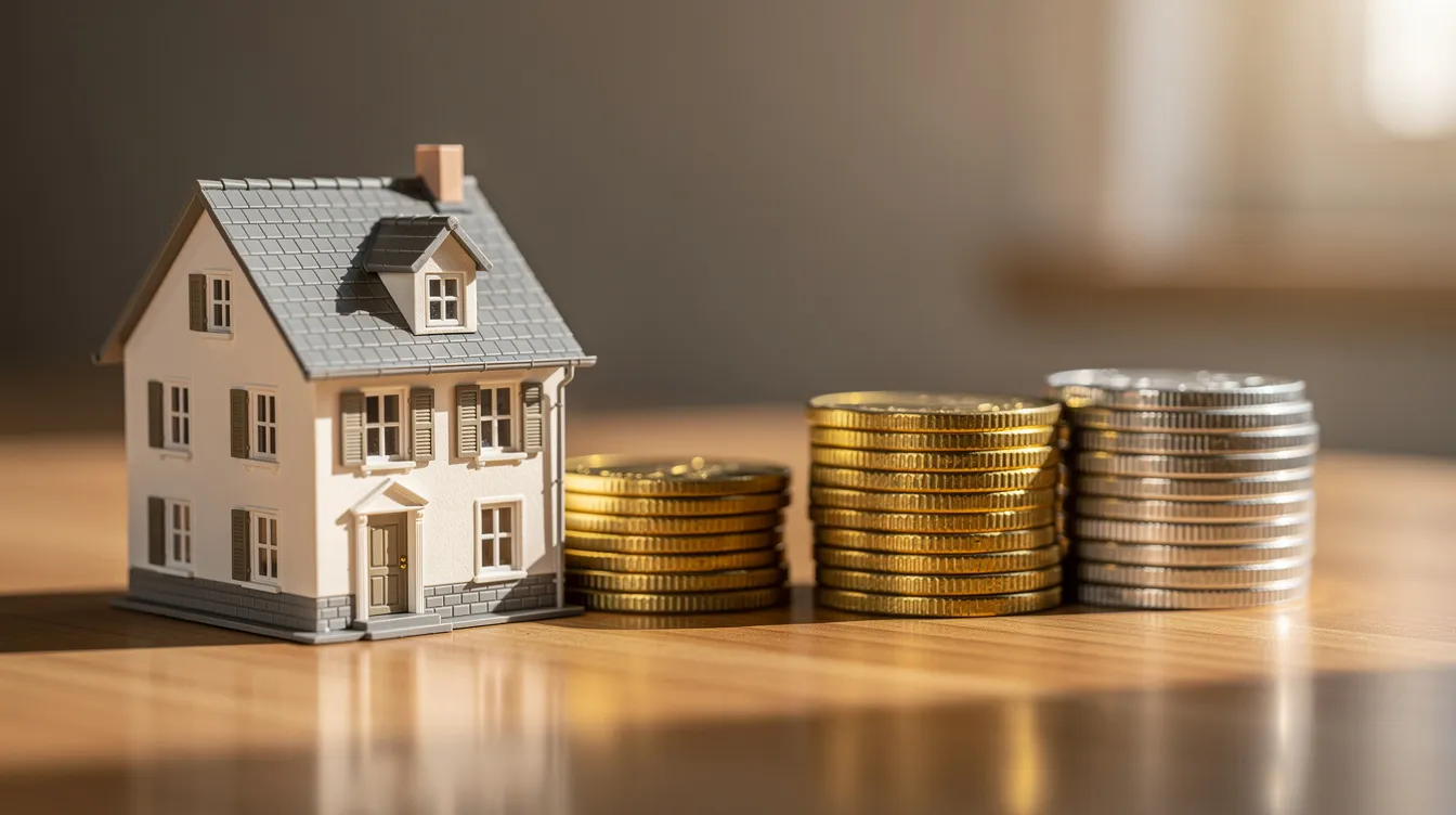 A small model house is positioned next to a stack of coins on a wooden surface, symbolizing the concept of real estate investing and the potential for flipping properties. This image conveys the idea of financial success in real estate, inviting viewers to consider the journey of investing and the benefits it can bring.