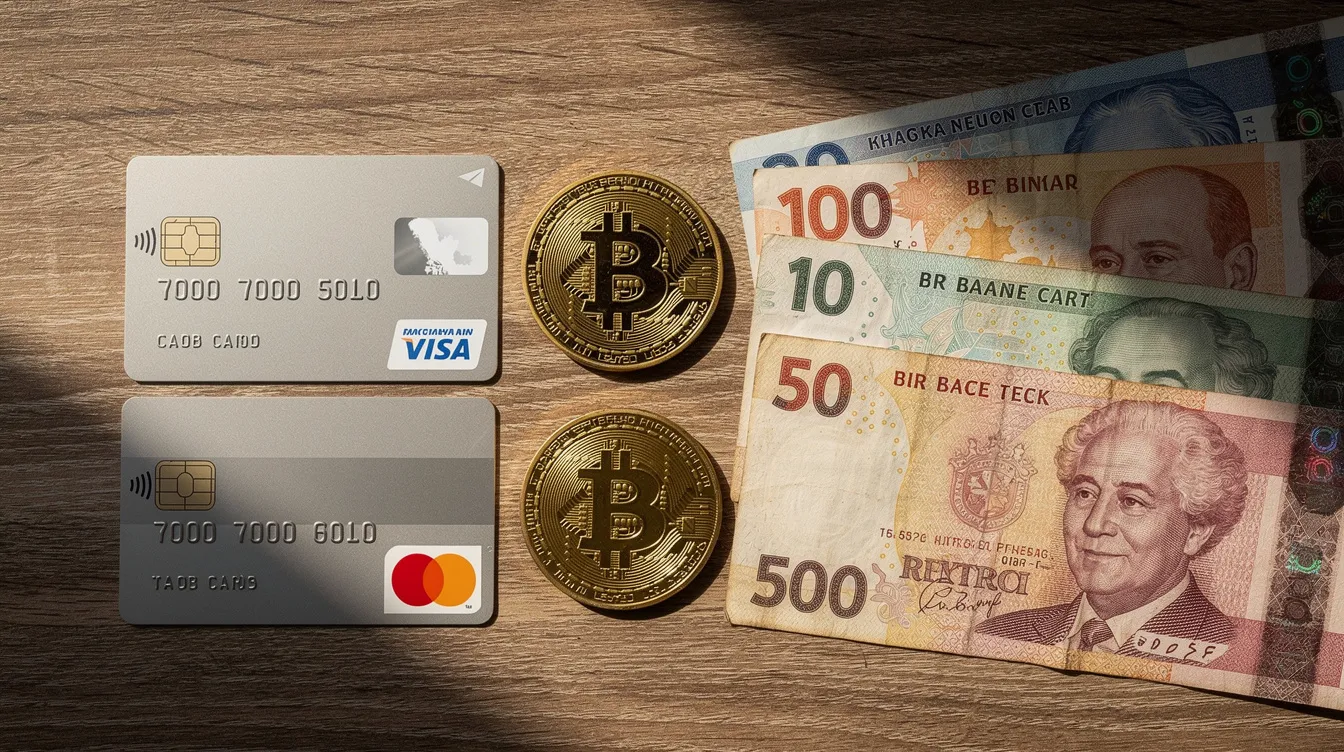 The image features a variety of payment cards, including credit and debit cards, alongside bitcoin coins and currency notes, all artfully arranged on a wooden surface. This setup highlights the diverse payment options available for online casinos, enhancing the gaming experience for players who enjoy live dealer games and seek attractive bonuses.