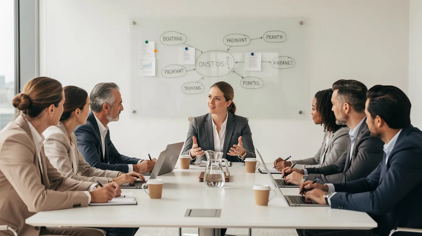 A professional mentor is engaged in a discussion with a small group of veteran owned small business owners in a well-lit conference room, focusing on business ownership strategies and resources available to support veteran entrepreneurs. The atmosphere is collaborative, emphasizing mentorship and the sharing of ideas for new business ventures.