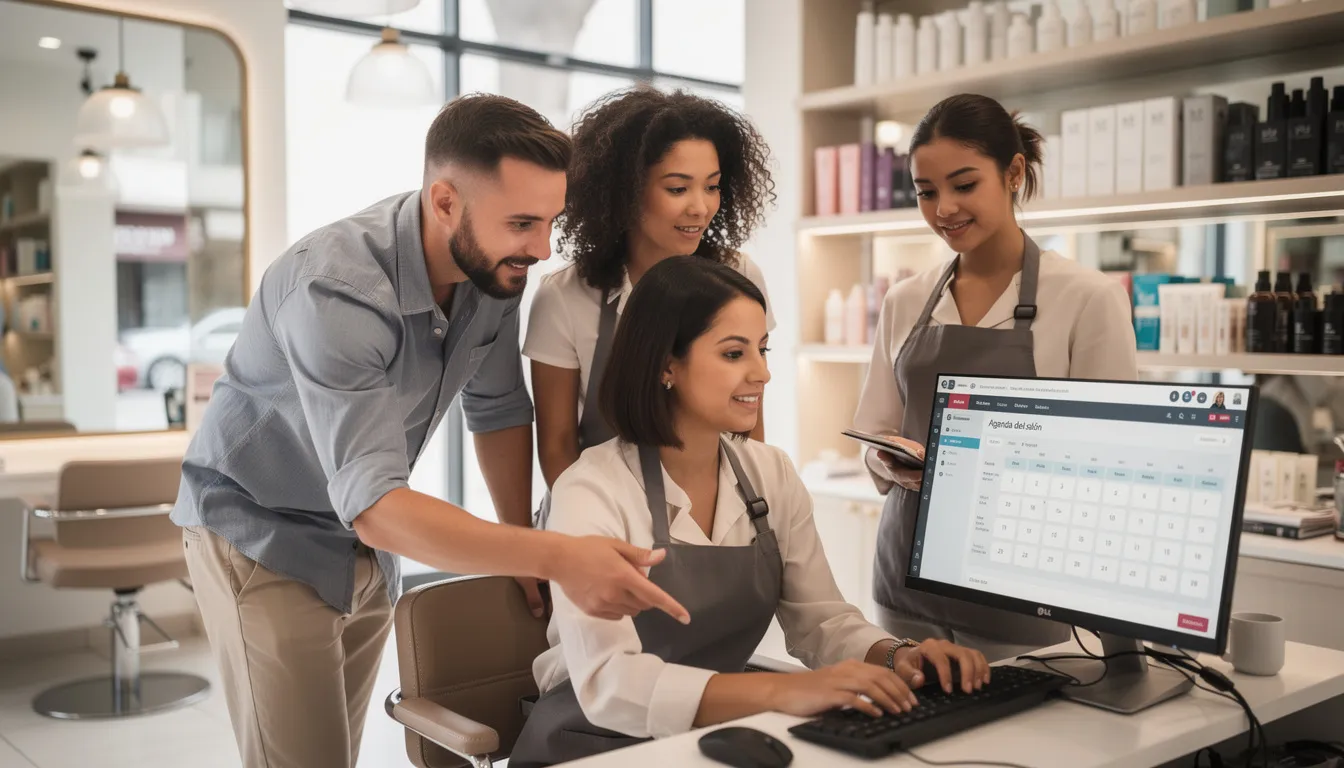 Un equipo de trabajo en un salón de belleza colabora frente a una computadora, revisando datos y estrategias de marketing para mejorar la atención al cliente y potencializar las ventas a través de WhatsApp Business. Se puede observar a varias personas interactuando y compartiendo ideas en un ambiente profesional.