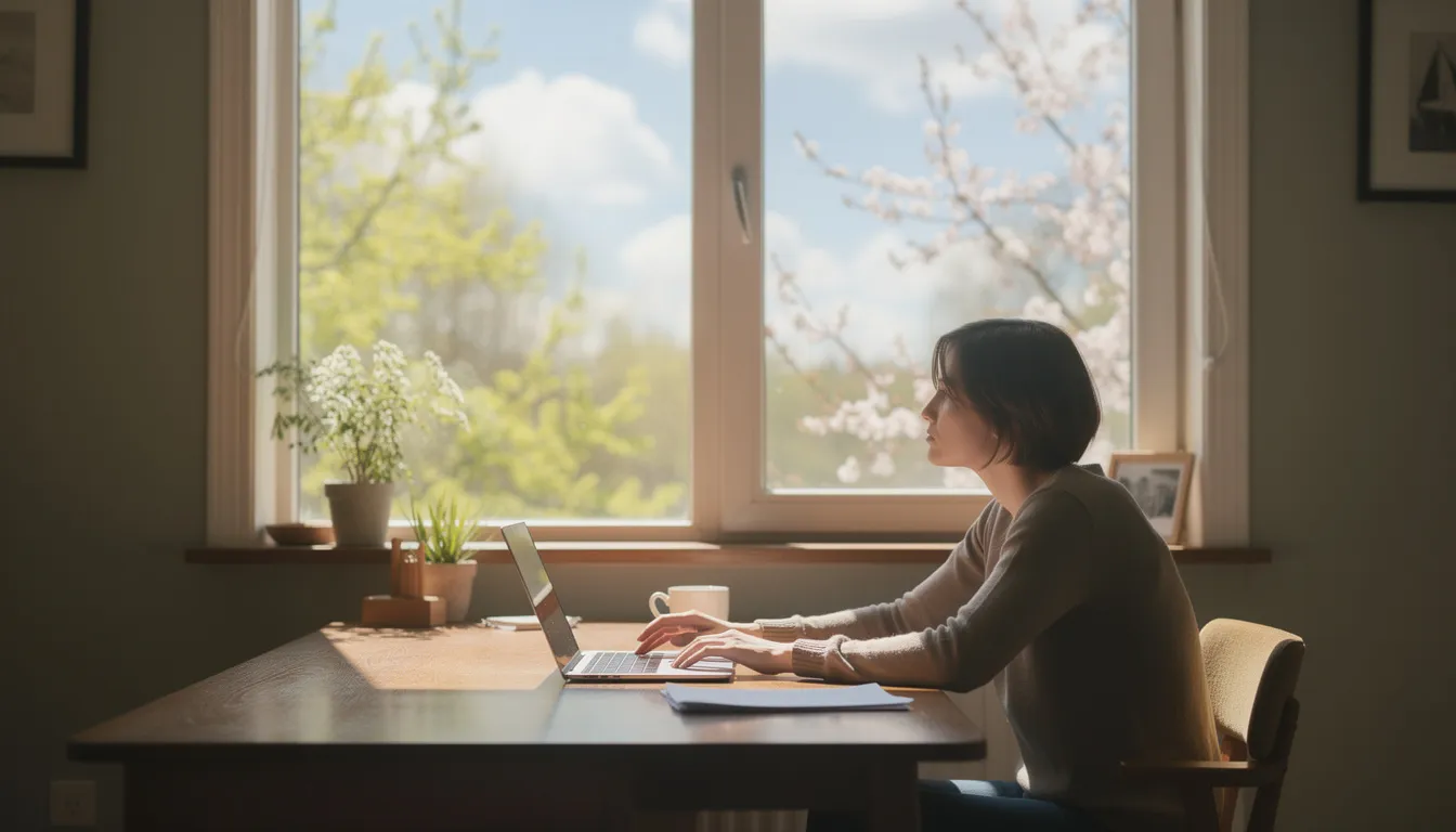 A person sits at a desk, gazing out of a window at the bright spring weather, looking reflective and slightly overwhelmed, embodying the emotional ups and downs that can accompany seasonal transitions. The scene captures the struggle of maintaining emotional balance during this time, as the warmer weather and longer daylight hours can trigger both mood swings and feelings of anxiety.