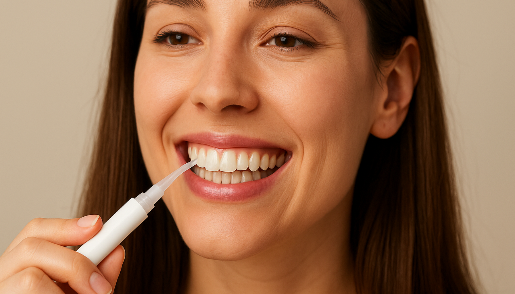 Tannbleking: Få hvitere tenner på en trygg måte 15 Ung kvinne smiler mens hun bruker tannblekingsgel for å få hvitere tenner på en trygg måte."