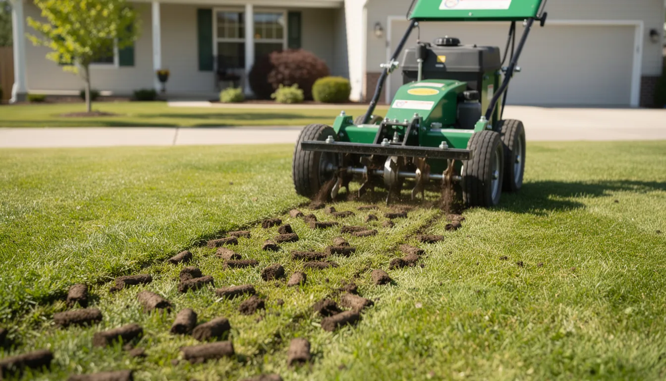 A walk-behind core aerator machine is actively aerating a residential lawn, leaving behind small plugs of soil on the ground. This process helps alleviate soil compaction, allowing air, water, and nutrients to reach the grass roots for a healthier and more vigorous lawn.