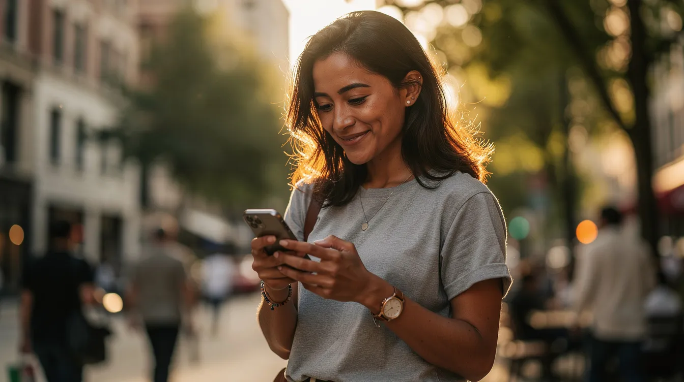 A confident person is outdoors, absorbed in texting on their phone, likely engaging in conversations through a dating app to foster meaningful connections. The scene captures a moment of modern romance, where technology aids in finding potential matches and navigating the dating journey.