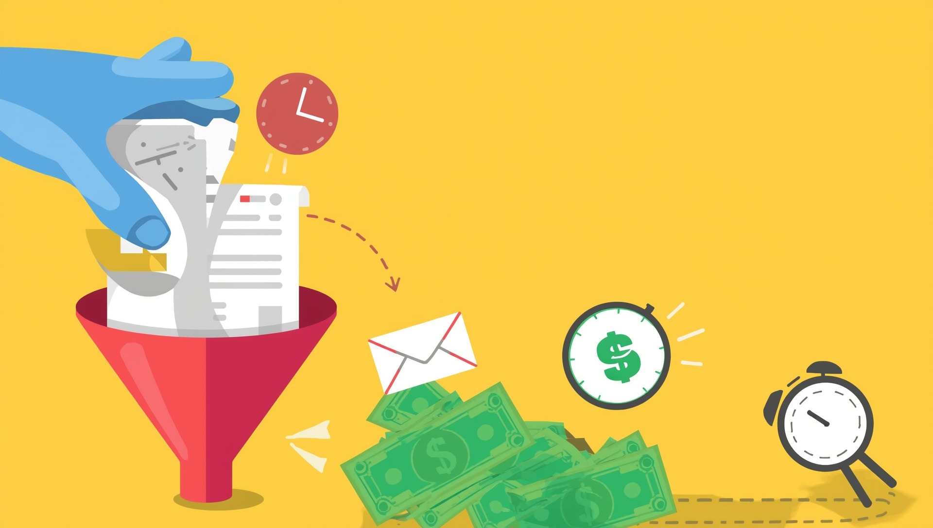 Illustration of invoices being funneled into payments, with clocks, money, and emails symbolizing invoice processing and timely cash flow.