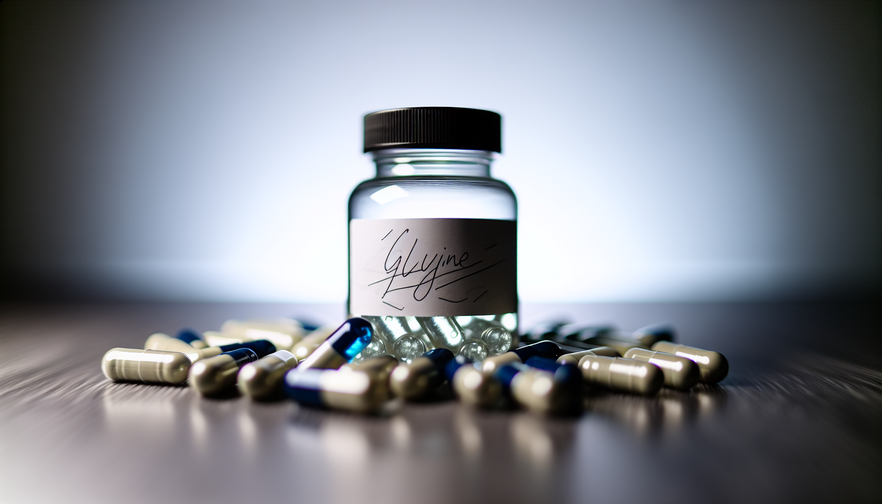 Bottle of glycine supplements with scattered capsules