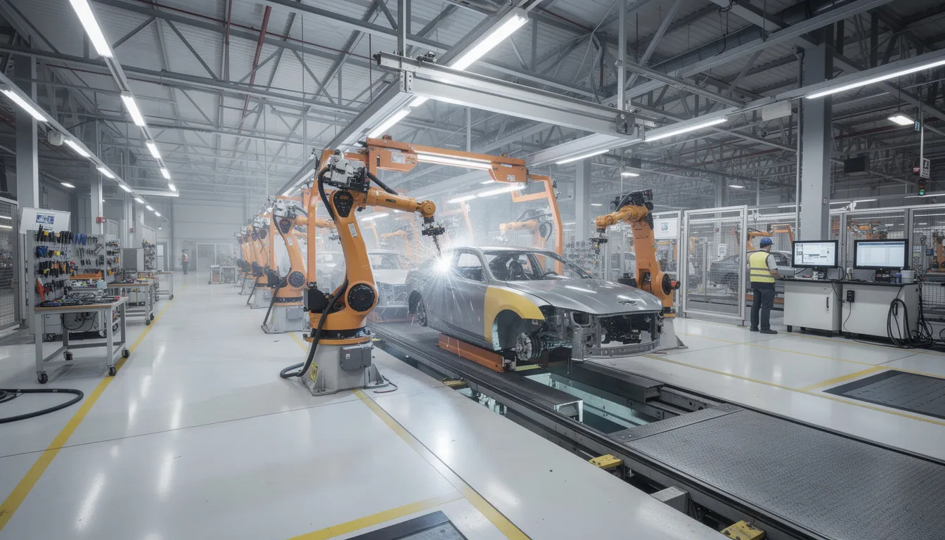 The image depicts the interior of a modern automotive manufacturing facility, showcasing advanced robotic assembly equipment used in the production of vehicles. This facility is part of Jaguar Land Rover, a British luxury vehicle company owned by Tata Motors, emphasizing the integration of automation in automotive operations.