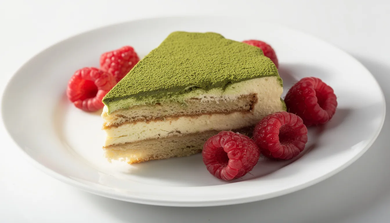 Auf einem weißen Teller liegt eine Portion Matcha-Tiramisu, garniert mit frischen roten Himbeeren und einer leuchtend grünen Matcha-Oberfläche. Das Dessert besteht aus Löffelbiskuits, einer cremigen Mascarpone-Masse und ist mit Matcha-Pulver verfeinert.