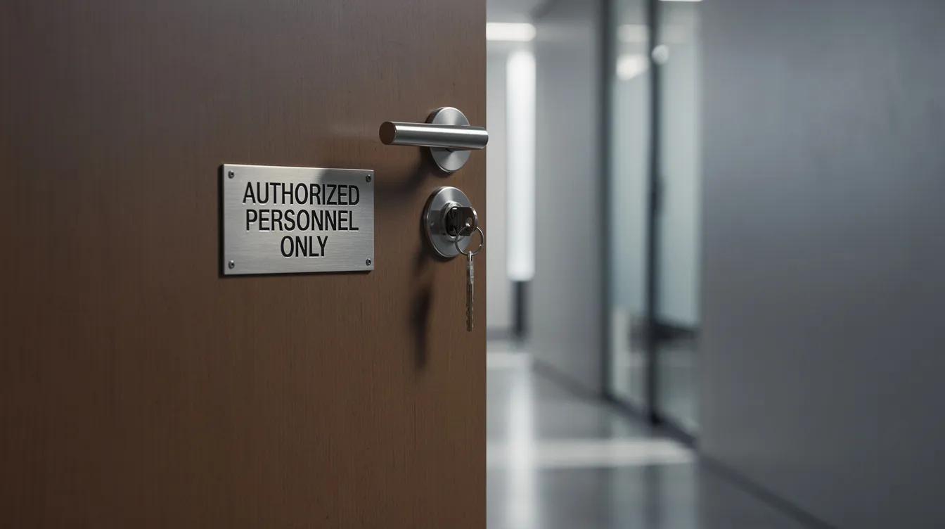 The image depicts a locked office door with a nameplate, symbolizing exclusion from business operations and the potential for shareholder disputes. This visual representation highlights issues such as minority shareholder oppression and the importance of well-drafted shareholder agreements in corporate governance.