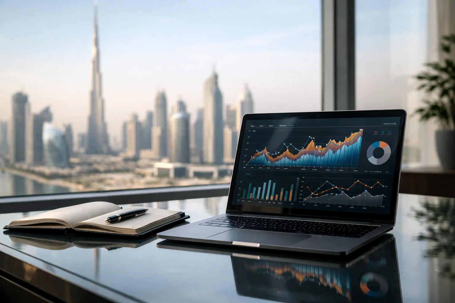 Modern Dubai office desk with laptop and analytics-style screen, representing SEO investment and business planning