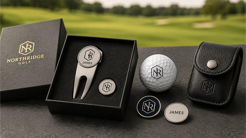Personalized divot tool and ball marker set with engraved markers, golf ball, leather pouch, and premium presentation box